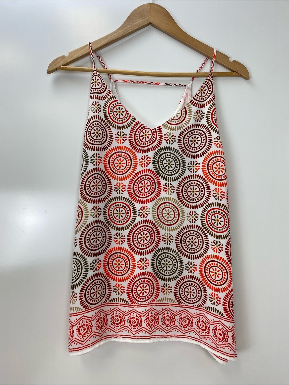 LOFT White Cami with Red and Brown Circular Print